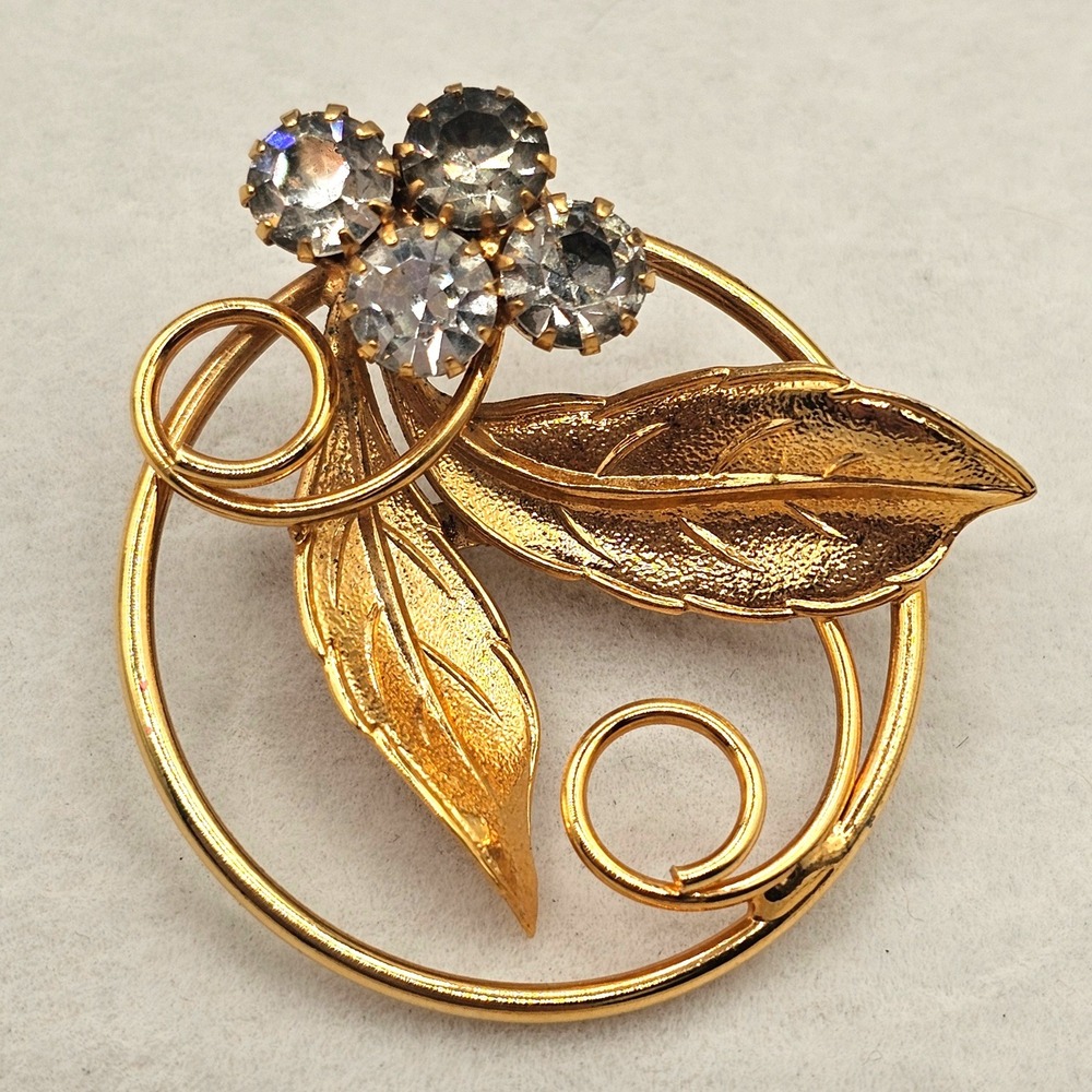 Vintage Leaf Floral CLear Rhinestone Circle Brooch Gold Tone Pin